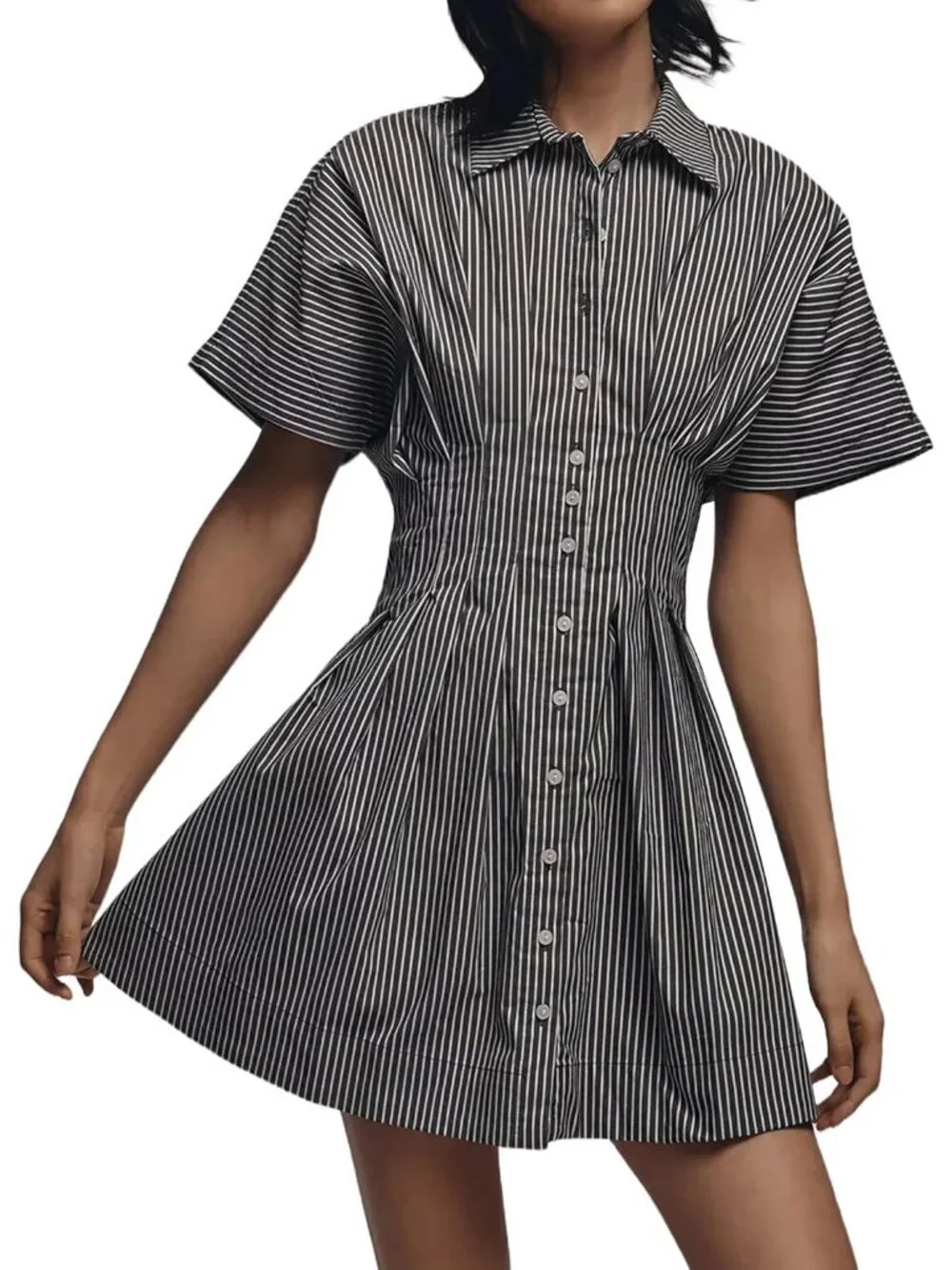 Women's Striped Black Down Short Sleeve Causal A Line Flowy Pleated Mini Dress - Picture 1 of 6